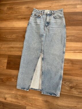 Mango Light Wash Denim maxi Skirt with Front Slit